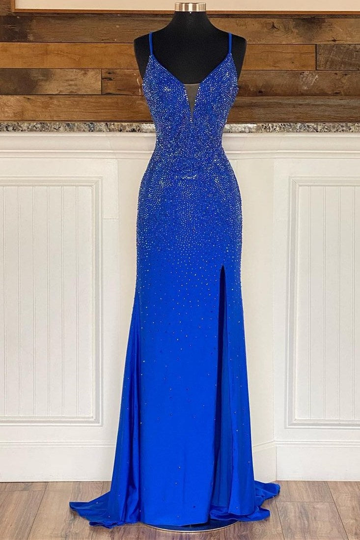 Royal Blue Beaded V-Neck Mermaid Long Prom Dress Modsele Royal Blue Beaded V-Neck Mermaid Long Prom Dress Modsele