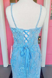 Blue 3D Floral Lace Lace-Up Back Long Prom Dress