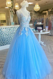 A-Line Sky Blue V-Neck Long Prom Dress with Floral Appliques