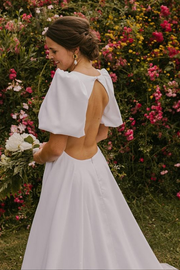 White Puff Sleeves Plunge Neck Long Wedding Dress