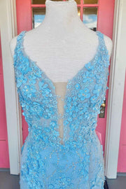 Blue 3D Floral Lace Lace-Up Back Long Prom Dress