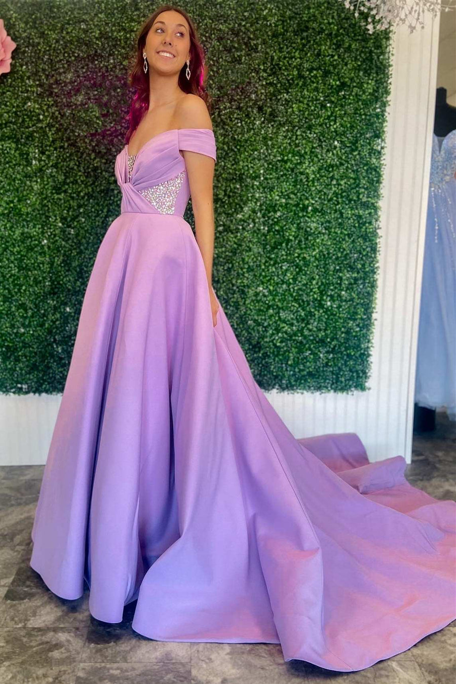 Purple Beaded Twist-Front Off-the-Shoulder Long Prom Dress