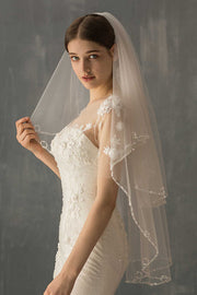 Simple White Mesh Beading Bridal Veil