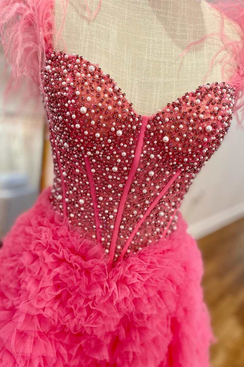 Hot Pink Beaded Feather Off-the-Shoulder Tiered Long Prom Dress with Ruffles