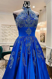 Glamorous Royal Blue Satin Beaded Halter A-Line Prom Gown
