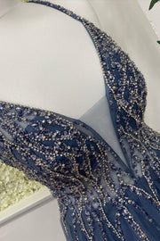 Navy Blue Tulle V-Neck Backless Beaded Long Prom Dress