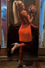 Orange Sequin Mini Dress with Lace-up Back