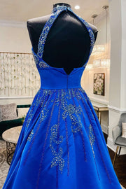 Glamorous Royal Blue Satin Beaded Halter A-Line Prom Gown