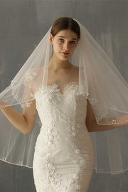 Simple White Mesh Beading Bridal Veil