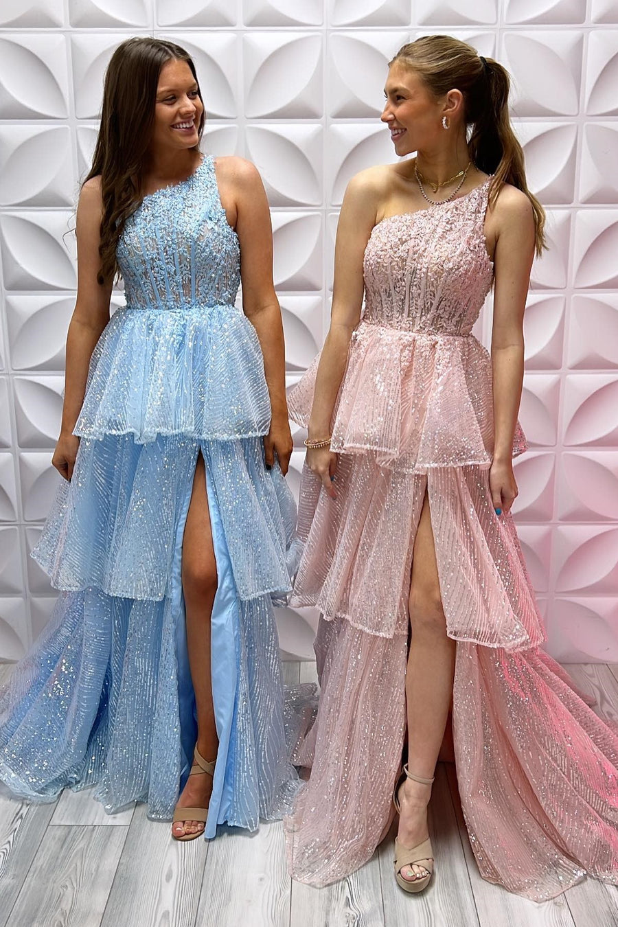 One-Shoulder Lace A-Line Tiered Long Prom Dress with Slit