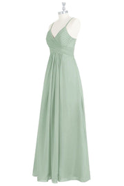 Sage Green Spaghetti Straps Backless Long Bridesmaid Dress
