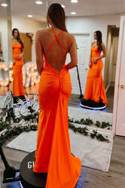 Simple Orange Halter Backless Mermaid Prom Dress