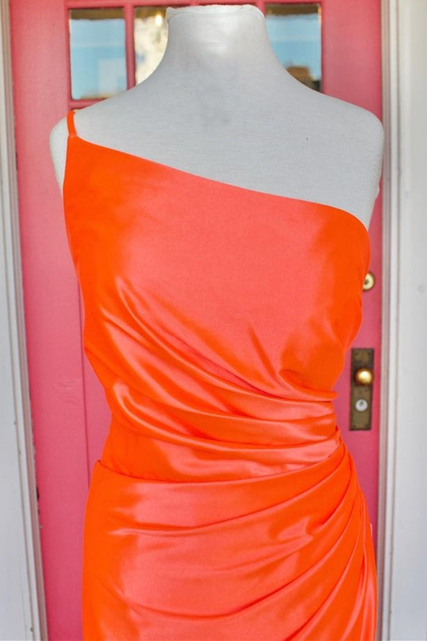 Orange One-Shoulder Ruched Long Prom Dress with Slit