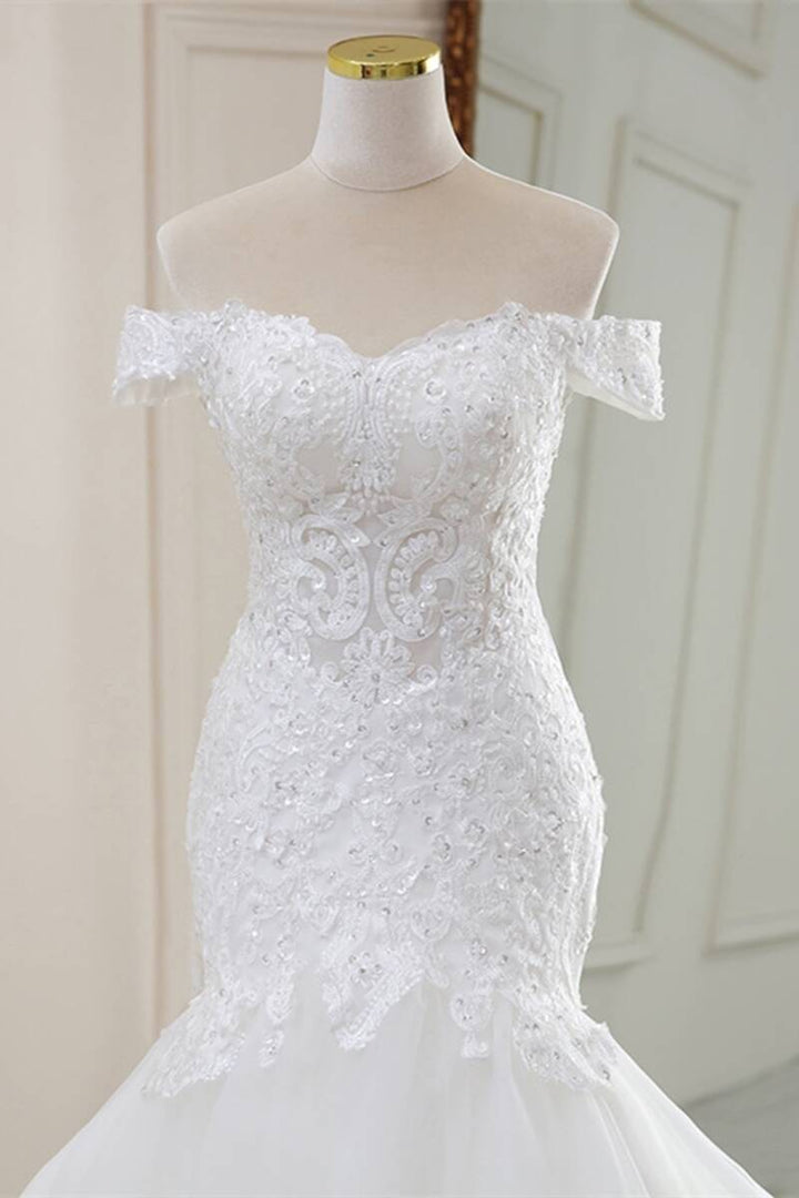 White Lace Off-the-Shoulder Trumpet Long Wedding Dress
