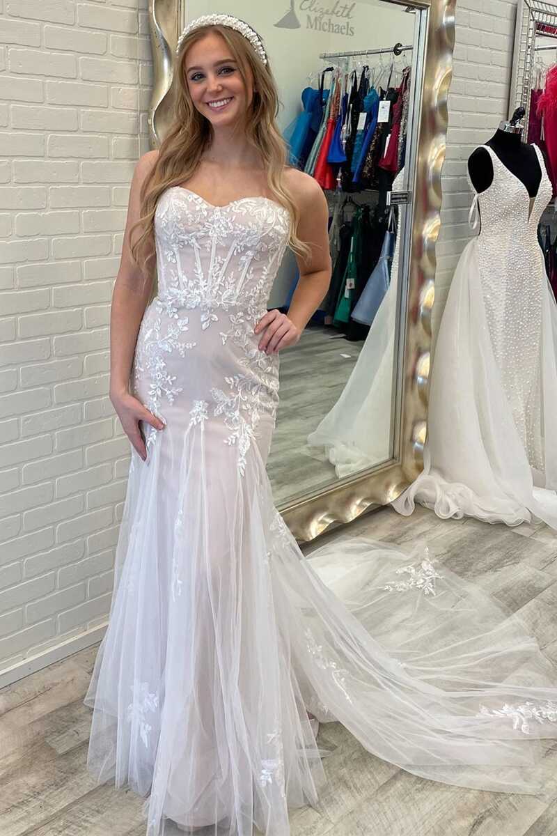 White Strapless Appliques Mermaid Long Wedding Dress