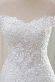 White Lace Off-the-Shoulder Trumpet Long Wedding Dress
