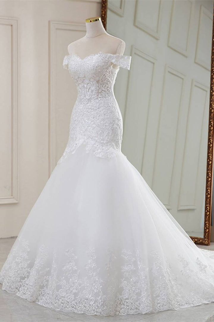 White Lace Off-the-Shoulder Trumpet Long Wedding Dress