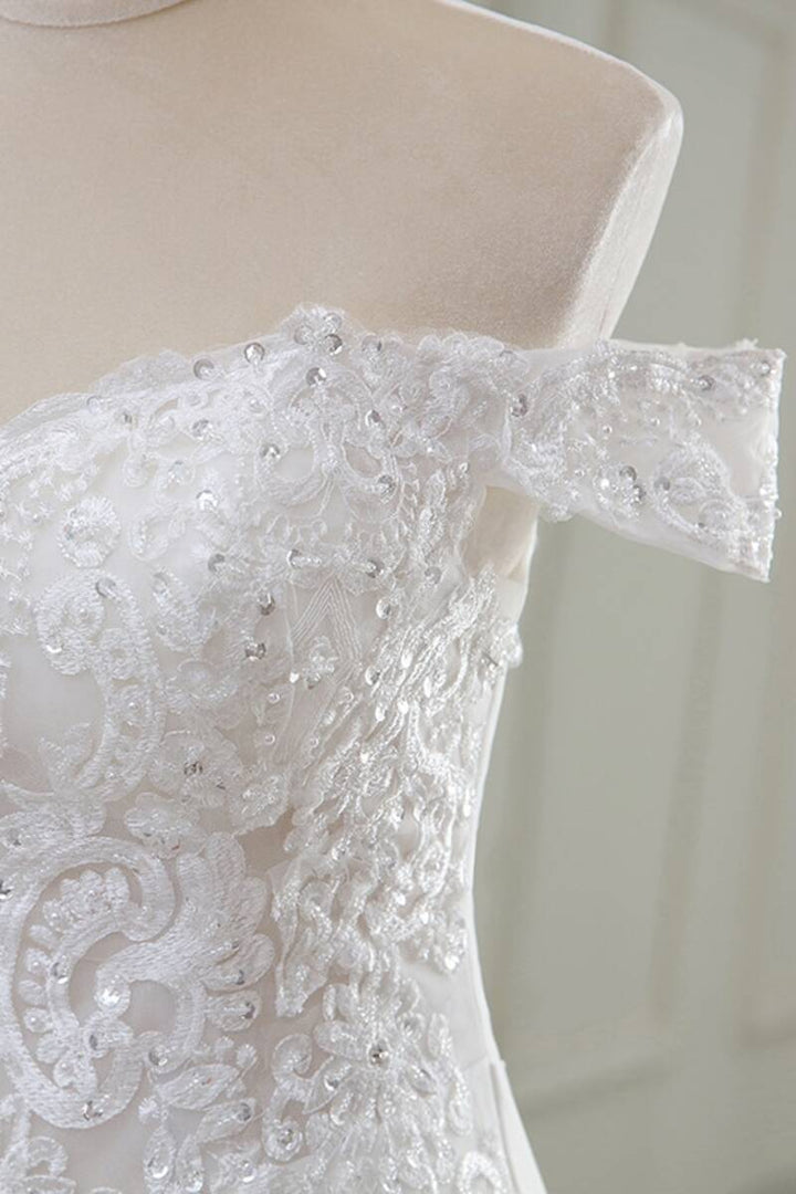 White Lace Off-the-Shoulder Trumpet Long Wedding Dress