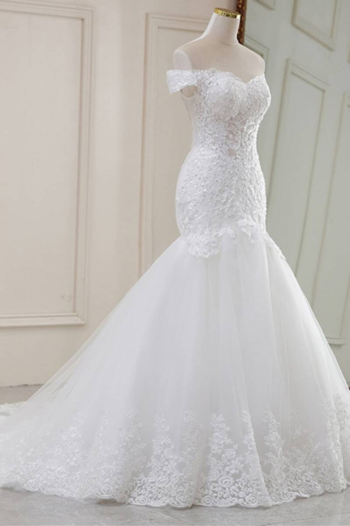 White Lace Off-the-Shoulder Trumpet Long Wedding Dress
