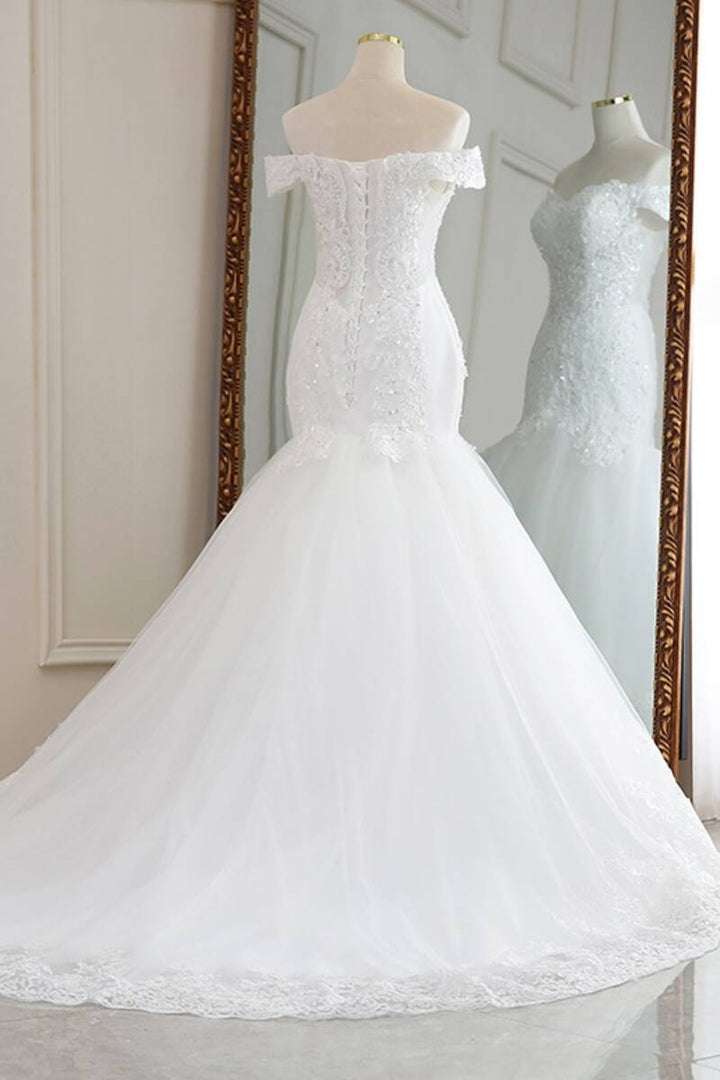 White Lace Off-the-Shoulder Trumpet Long Wedding Dress