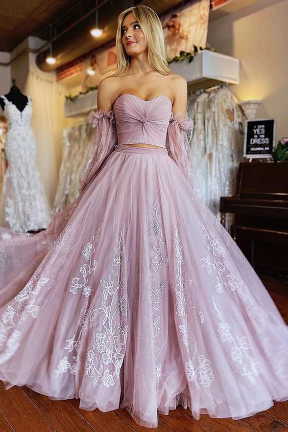 Two-Piece Dusty Pink Strapless A-Line Prom Dress with Sleeves