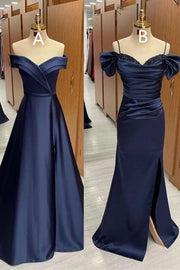 Mismatched Navy Blue Satin Long Bridesmaid Dress