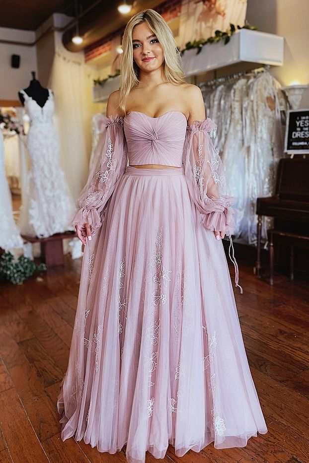 Two Piece Dusty Pink Strapless A Line Prom Dress with Sleeves Modsele