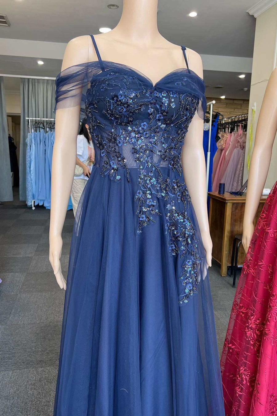 Navy Blue Tulle Appliques Cold-Shoulder A-Line Long Prom Dress