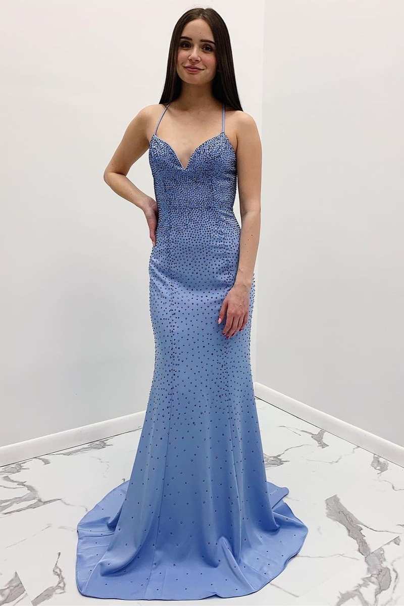 Periwinkle Beaded V-Neck Cross-Back Mermaid Long Prom Gown