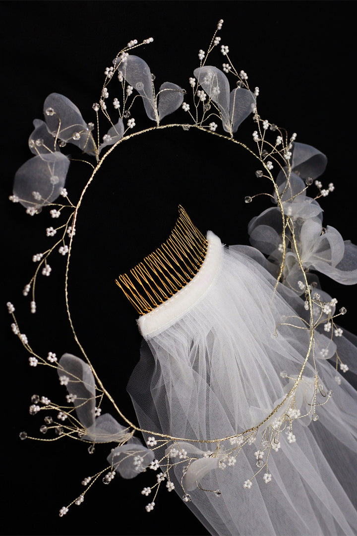 White Mesh Bridal Veil with Floral Hair Wreath