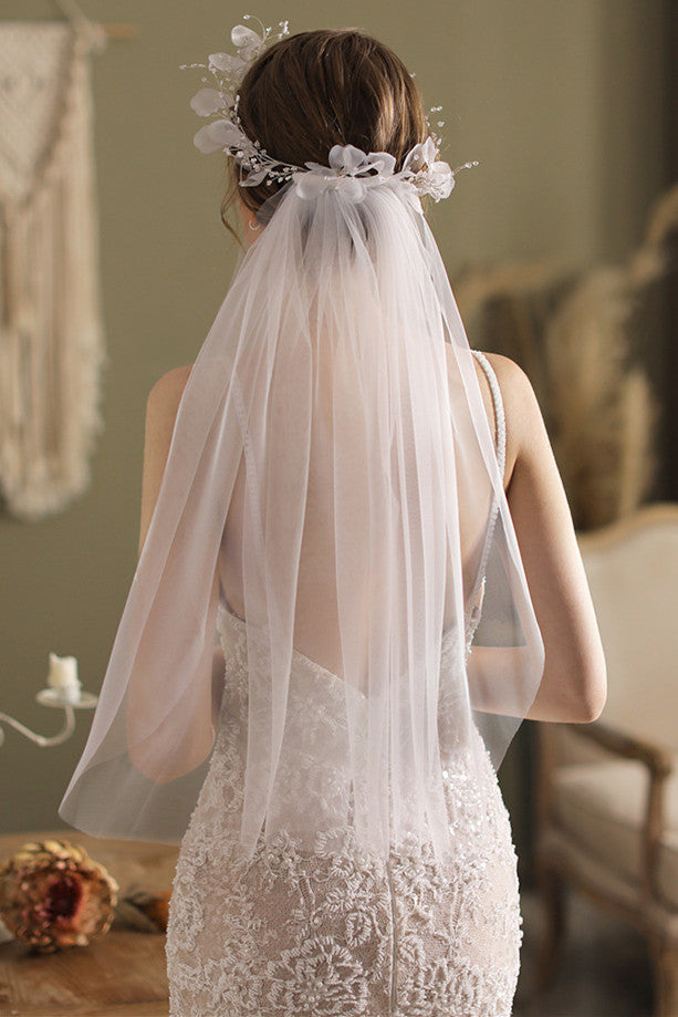 White Mesh Bridal Veil with Floral Hair Wreath