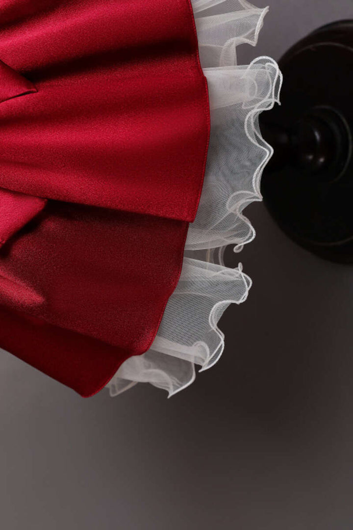 Wine Red Sequin Puff Sleeve Bow Girl Ball Gown