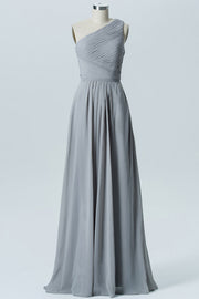 Grey Chiffon One-Shoulder Long Bridesmaid Dress