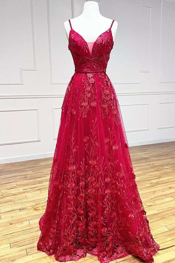 Red Floral Lace V-Neck Lace-Up A-Line Prom Dress