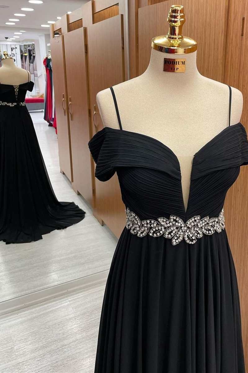 Black Cold-Shoulder Belted Waist A-Line Prom Dress