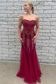 Wine Red Tulle Beaded Strapless Mermaid Long Formal Dress