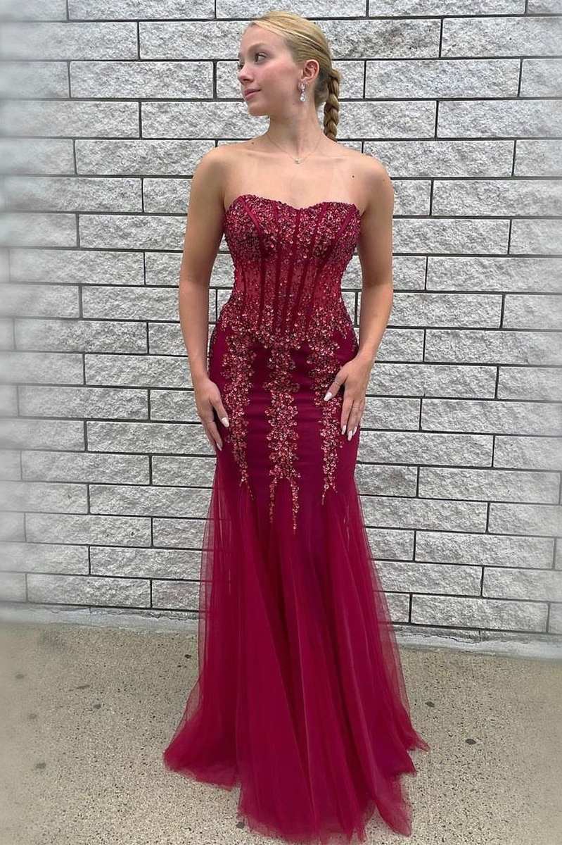 Wine Red Tulle Beaded Strapless Mermaid Long Formal Dress Modsele Wine Red Tulle Beaded Strapless Mermaid Long Formal Dress Modsele