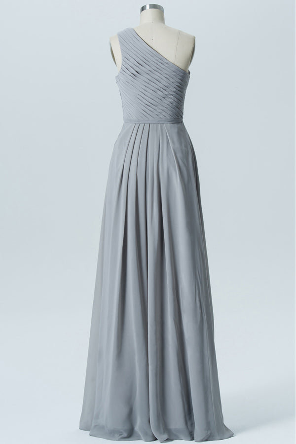 Grey Chiffon One-Shoulder Long Bridesmaid Dress