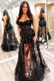 Black Sheer Mesh 3D Floral Lace Strapless A-Line Prom Dress