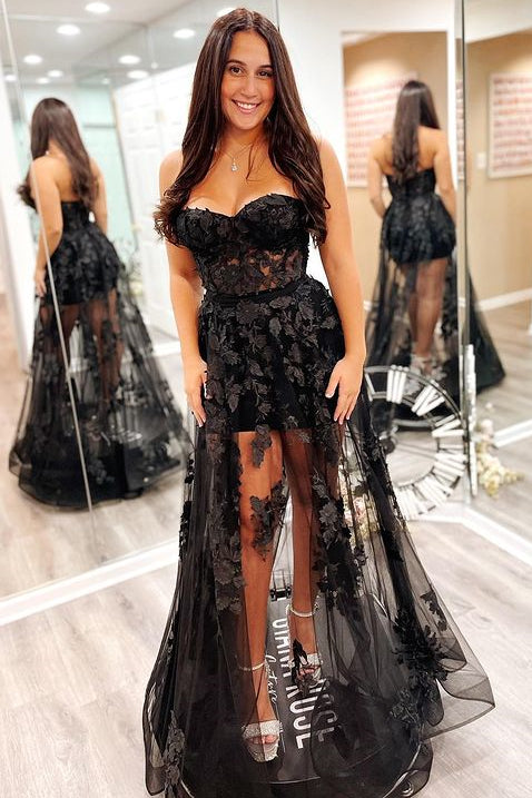 Black Sheer Mesh 3D Floral Lace Strapless A-Line Prom Dress Modsele Black Sheer Mesh 3D Floral Lace Strapless A-Line Prom Dress Modsele