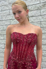 Wine Red Tulle Beaded Strapless Mermaid Long Formal Dress