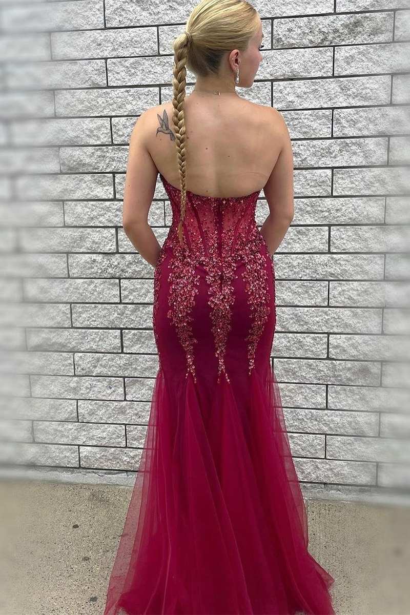 Wine Red Tulle Beaded Strapless Mermaid Long Formal Dress