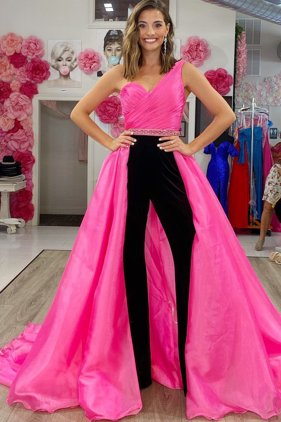 Hot Pink One-Shoulder Jumpsuit with Attached Train