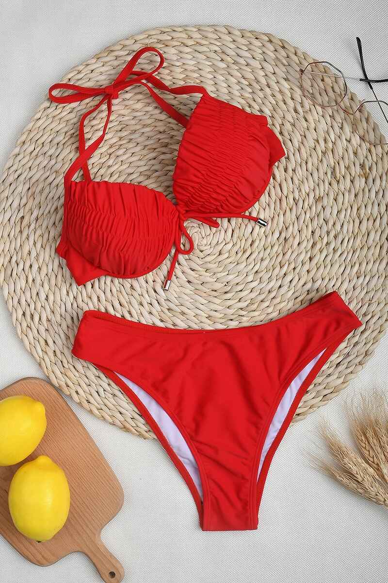 Hot Red Tie-Front Ruched Swimsuit