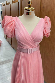 Pink Surplice Neck Puff Sleeve Belted A-Line Formal Dress