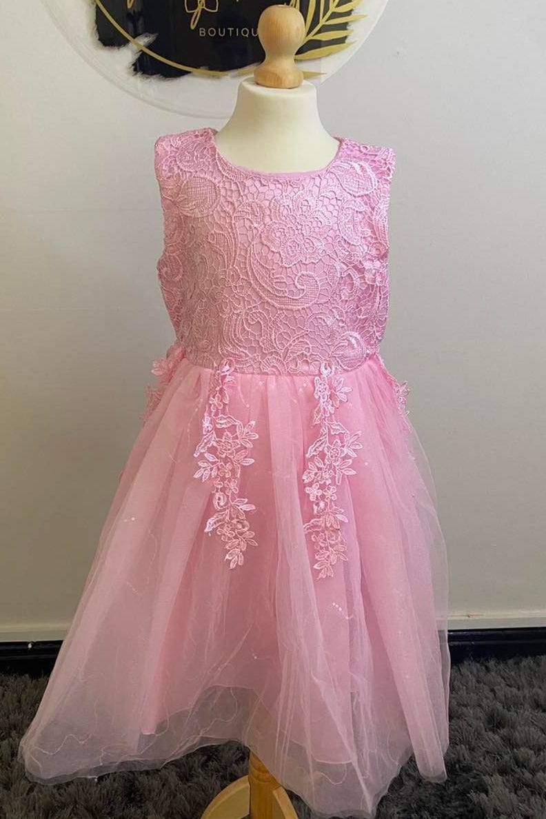 Pink Lace Sleeveless Bow Back Girl Party Dress