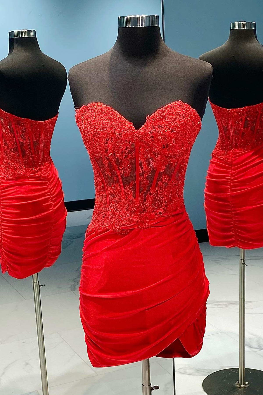 Red Lace Strapless Bodycon Mini Party Dress
