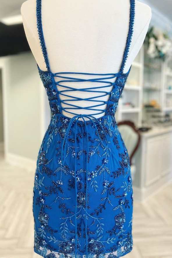 Blue Floral Lace V-Neck Lace-Up Short Homecoming Dress