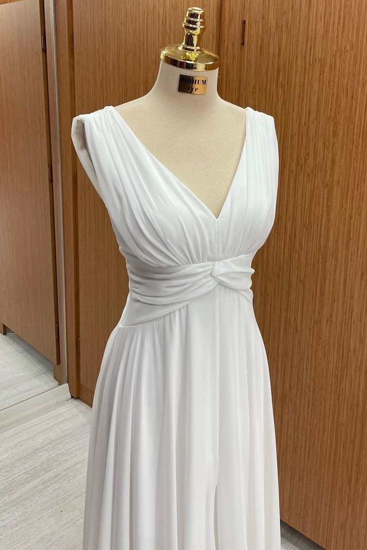 Simple White V-Neck A-Line Formal Dress with Slit