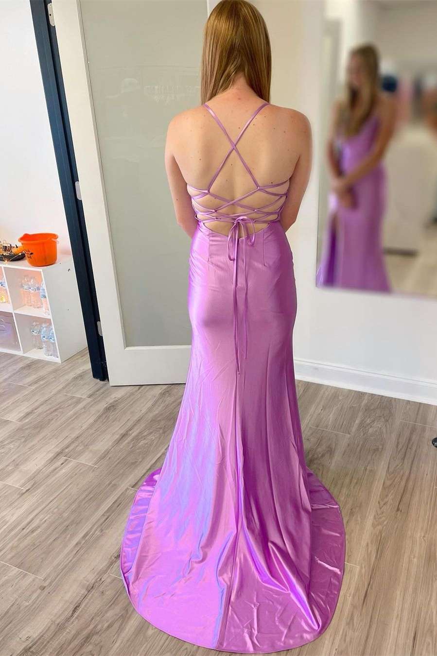Lilac Satin Cowl Neck Lace-Up Back Long Prom Dress with Slit